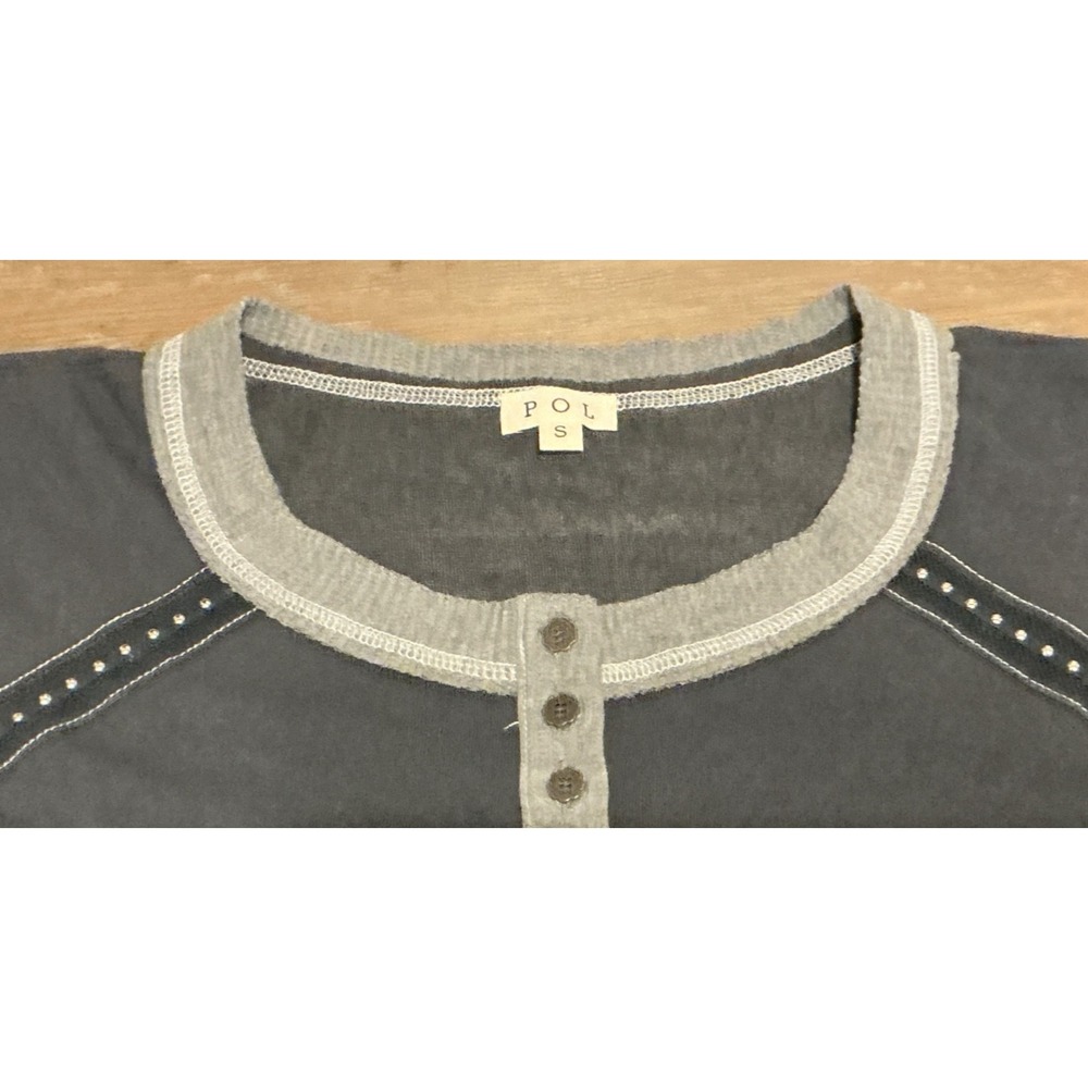 POL Oversized Top Size S Gray Grunge Boho Crochet Waffle Trim Boxy Slouchy Knit - Picture 4 of 5